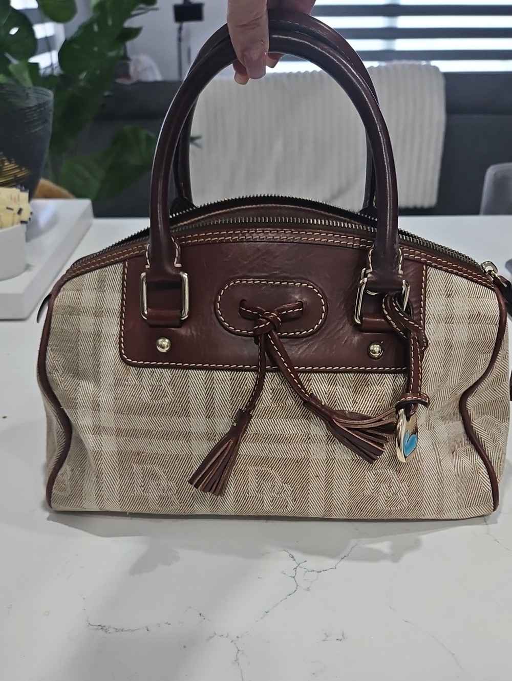 Dooney & Bourke Beige Canvas Satchel with Brown Leather Trim